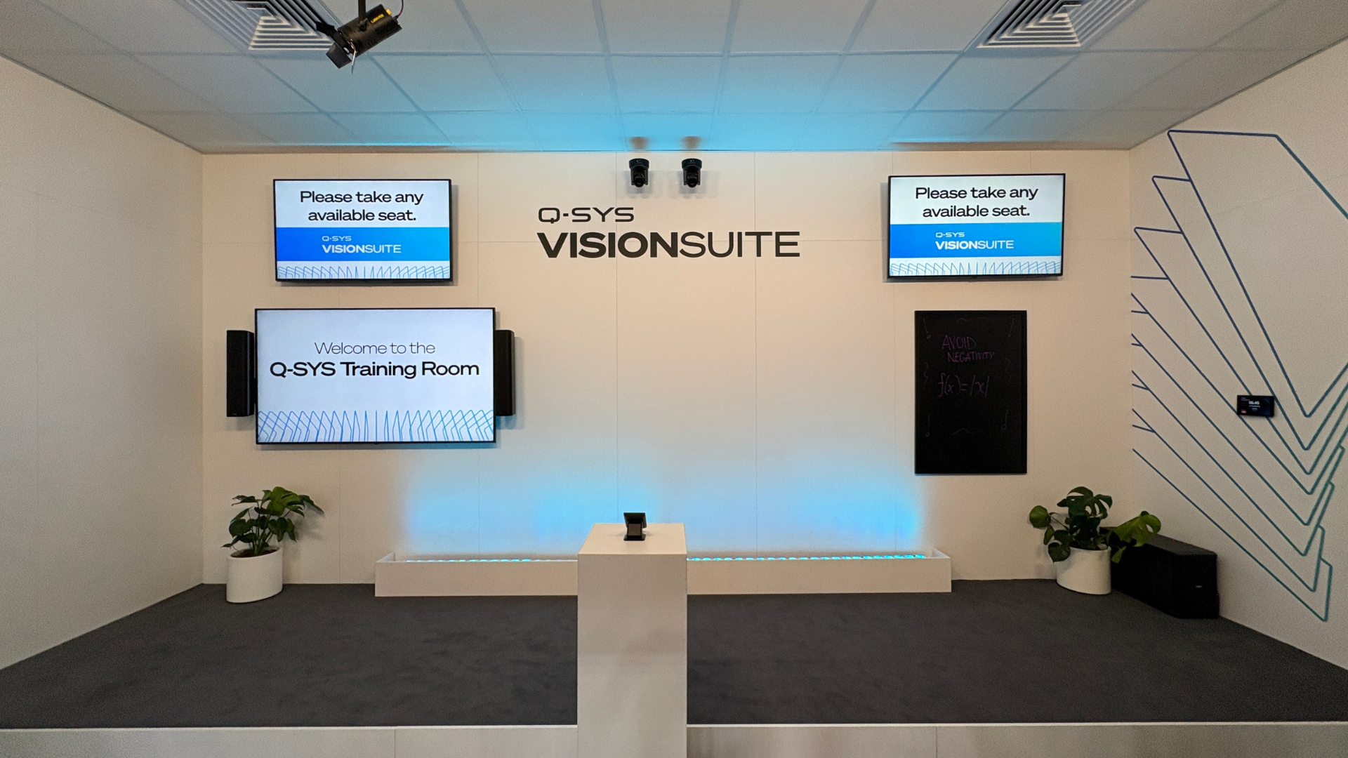 Q-SYS VisionSuite demo room showcasing integrated AV solutions for smart and connected meeting spaces